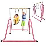 GLANT Gymnastics Bar for Kids with Rings Set, 7 Heights Adjustable Easy Folding Gymnastic Training Bar Kids Monkey Horizontal Bars - Max Load 300LBS (Light Pink)