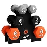 SQUATZ Dumbbell Weights Set with Stand, 32lbs Neoprene Coated Weights in Color Gray, Black, and Orange, Hex Shape Anti Slip and Roll Dumbbells for Exercise, Training, Fitness, Yoga