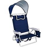 Romswi Extra Wide Beach Chair with Canopy Shade, 1 Pack Aluminum Folding Chairs with Detachable & Adjustable Umbrella, 5-Position Lay Flat, Cooler Bag, Cup & Phone Holder, Towel Bar, Navy Blue