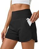Sorfneo Womens Athletic Running Shorts with Pockets 3.5", High Waisted Quick Dry Yoga Shorts for Gym Workouts Black