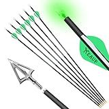 KEAUP 31 inch 100% Carbon Arrows and Broadheads .244/6.2mm Lighted Nocks Set, 6 Pack Hunting Compound Bow and Recurve Bow Shaft Spine 300/350/400/500 (Spine 350, Green)