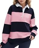 Ardrem Women Oversized Striped Polo Sweatshirt Color Block Lapel Collared Pullover Tops Striped Long Sleeve Rugby Shirts Pink-Navy