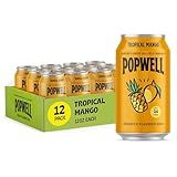 Popwell Tropical Mango Better-For-You Prebiotic Soda, with 6g Fiber, 1g Sugar, Vitamins and Immunity Support, 12 fl oz Cans (pack of 12)