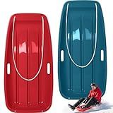 Poen 2 Pcs Plastic Snow Sled 35" Downhill Sprinter Winter Toboggan Sled Board with Pull Rope and Handles Snow Sleds for Kids Adults Downhill Sledding Sleigh Sand Board Sleigh (Navy Blue and Red)