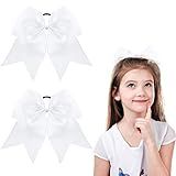 2 Packs Jumbo Cheerleading Bow 8 Inch Large Cheer Hair Bows with Ponytail Holder for Teen Girls Softball Outfit Uniform(White)