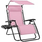 Best Choice Products Folding Zero Gravity Outdoor Recliner Patio Lounge Chair w/Adjustable Canopy Shade, Headrest, Side Accessory Tray, Textilene Mesh - Bubblegum Pink