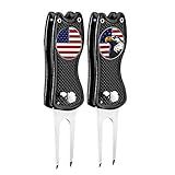 FINGER TEN Golf Divot Repair Tool and Ball Marker Switchblade Value Pack, Foldable Magnetic Stainless Steel with Pop-up Button for Men Women (2 in Black+2 Ball Marker)