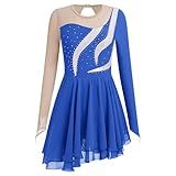 Ice Skating Dress for Women Sparkly Beads Long Sleeve Chiffon Skirt Figure Skating Dresses Adult Rhythmic Gymnastics Leotards Halloween Christmas Ballet Lyrical Dance Outfits Royal Blue L
