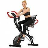 Folding Exercise Bike, 5-in-1 Stationary Bike for Home with Backrest, Upright and Recumbent Modes, 16-Level Magnetic Resistance, 8-Position Seat, Arm and Leg Resistance Bands, LCD Monitor