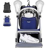Arcoyard Extra Large Lacrosse Backpack with 2 Stick Holders, Professional Lacrosse Bag with Ventilated Cleats Compartment and Insulated Pocket, for All Lacrosse or Field Hockey Gear, Blue and White