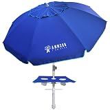 AMMSUN 7ft Heavy Duty High Wind Beach Umbrella with sand anchor, Built-in Table Tray Vent Tilt Pole, UPF 50+ Windproof Portable Outdoor Umbrellas Carry Bag for Patio Garden Pool Backyard Navy
