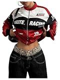 GORGLITTER Women's Race Car Jacket Y2k Racing Motorcycle Oversized Graphic Varsity Zip Up Lightweight Jackets Streetwear Red X-Small
