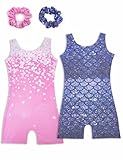 Tstiti Gymnastics Leotards for Girls 2 Pack Sparkly Kids Biketards Dance Unitards Matching Hair Scrunchies Heart Mermaids 7-8 Years