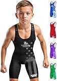 Exxact Sports Patriot Youth Wrestling Singlet For Boys, Premium Powerlifting Singlet, Kids Wrestling Singlets For Training (YM, Black)