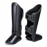 Elite Sports Muay Thai Shin Guards Kickboxing MMA Muay Thai Leg Instep Protective Pads, Martial Art Kicking Sparring Training Gear for BJJ Karate Boxing Taekwondo (Solid Black, S-M)