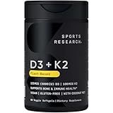 Sports Research® Vitamin D3 + K2 w/ Coconut Oil - Vegan Vitamin D 5000iu & Mk7 Vitamin K 100mcg for Bone & Immune Support - Vegan Certified · Non-GMO · Soy Free - 60 Softgels