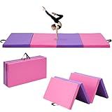 Outdoor Basic 6'x3'x1'' Gymnastics Mats Portable 4-Fold Tumbling Mat Thick Yoga Mat with PU Leather & Carry Handle for Home Workout, Yoga, MMA Core Training, Pilates (Purple/Pink, 6' x 3' x 1")