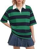 Meladyan Women's Rugby Shirt Striped Polo T-Shirts Oversized Short Sleeve Lapel V Neck Tee Summer Pullover Tops Green-Navy