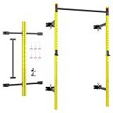 Soozier Folding Squat Rack with Adjustable Pull-Up Bar, 1000 Pounds Capacity Wall Mounted Power Rack, Adjustable Barbell Rack with J Hooks for Home Gym Full Body Workout, Yellow