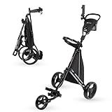 PRECISE Cruiser 3-Wheel Golf Push Cart with Foot Brake & Stabilizer Rods – Folding Golf Trolley, Ergonomic Handle, Detachable Storage Bag, Scorecard & Cup Holder - Black/Black