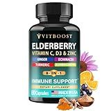 Elderberry Immune Support Supplement 8-in-1 Formula with Echinacea, Vitamin C & Zinc, Vitamin D 5000 IU, Turmeric, Ginger, Ashwagandha – 60 Capsules