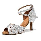 Women Rhinestone Latin Dance Shoes Ankle Strap Salsa Prom Heel Silver 6.5US