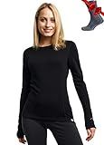 Merino.tech Merino Wool Base Layer Women - 100% Merino Wool Heavyweight, Midweight, Lite Long Sleeve Thermal Shirt and Socks (Large, Black 250)