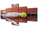 5 Panel Tennis Wall Art Pictures for House Artwork Painting Tennis Ball and Racket on Hard Court Under Sunlight Decor Canvas Prints Poster Living Room Decoration Framed Ready to Hang - 50''W x 24''H