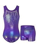 Nokecina Gymnastics Leotards for Girls Size 5-6 Years Old Sparkly Purple Diamond Sports Outfit Matching High Waist Shorts