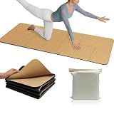 LILXIU Foldable Cork Yoga Mat 72 * 24 in 4 mm Thick Sweat Resistant with Rubber Base Hot Yoga Mat with Storage Bag Lightweight Grip Mats for Travel and Pilates Fitness Home Workouts