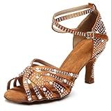 BREXLI Women’s Rhinestone Latin Dance Heels, Salsa Bachata Ballroom Dance Shoes for Women, Comfortable Satin 3-Inch Heels for Wedding Party Performance and Practice Tan 5