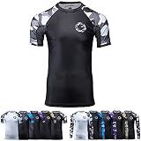 Gold BJJ Jiu Jitsu Rashguard - Camo Short Sleeve Rash Guard Compression Shirt for No-Gi, Gi, & MMA (Black Camo, XXL)
