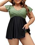 Edelqual Women's Plus Size Tankini Swimsuits Swim Dress Tummy Control Bathing Suits Two Piece Full Coverage High Waisted Modest Curvy Swimwear 2025(Army Green and Black,2XL)
