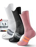 Juclise Bamboo Viscose Compression Running Crew Socks, Moisture Wicking Anti-Blister Hiking Athletic Cycling Gym Socks (US, Alpha, Medium, Regular, Regular, Classic Black+Glacier White+Dusty Pink)