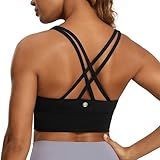 CRZ YOGA Womens Strappy Longline Sports Bra - Medium Impact Criss Cross Yoga Padded Workout Crop Top Black Large