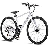AVASTA 700C Road Adult Step-Over Hybrid Bike Bicycle for Men Woman Male Female, Lightweight Aluminum Frame with 21-Speed Gear for City Commuting, Dual Disc Brakes, 15 inch Frame, Starlight Pink
