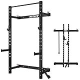 RitFit Multi-Functional Folding Squat Rack for Home Gym, 2.36'' x 2.36'' Wall Mounted Squat Rack with Attachments - Space Saving Squat Power Rack, Black