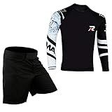 Roar MMA Rashguard & BJJ Grappling Shorts Cage Fight Jiu Jitsu Spats No Gi Sets (Black/White, Small)