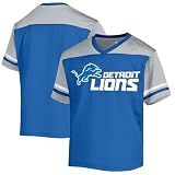 NFL Kids Youth 8-20 Officially Licensed Team Color Wordmark Primary Logo Victory Stripe V-Neck Jersey T-Shirt (Detroit Lions Blue, 8)