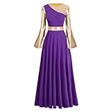 IBAKOM Women Adult Metallic Gold Color Block Long Sleeve Praise Dance Worship Robe Dress Loose Fit Full Length Liturgical Tunic Circle Skirt Lyrical Dancewear Swing Gowns Ballet Costume Purple-Gold L