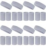 24 Pcs Grey Sweatbands Set Include 8 Pcs Sports Headband and 16 Pcs Cotton Wristbands 80s Neon Sweat Bands Bulk for Gym, Tennis, Basketball, Running, Exercise