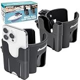 QualyQualy 2-in-1 Boat Rail Cup Holder with Phone Holder 2 Pack, No-Drill Clamp-On Marine Cup Holders 360° Adjustable for Pontoon Boat, Bimini Top, Grab Bar, PWC, Boat Gifts for Men