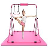 Sportsroyals Gymnastics Bar for Kids,Adjustable Height Gymnastic Horizontal Bars,Folding Gymnastic Junior Training Kip Bar for Home, Pink (Pink+mat)
