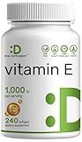 Vitamin E Supplements, 1,000 IU Per Serving, 240 Softgels – Extra Strength Antioxidant Protection – Bioavailable Stable Form – Skin, Heart, Brain, & Immune Support – Non-GMO