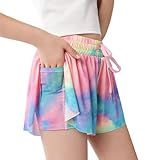 zqajuxg Girls Flowy Shorts with Spandex Liner,2 in 1 Butterfly Shorts Teen Girls with Pockets for Sports，Running，Athletic/Rainbow/6-8 Years
