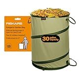 Fiskars Kangaroo Collapsible Spring Up Garden Bag for Yard Waste, Grass, Branches & Weeds, Tear & Mildew Resistant Vinyl-Coated Polyester, Folds Flat to 3 Inches for Space-Saving Storage, 30 Gallon