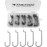 THKFISH 50pcs/Box Fishing Worm Hooks - EWG Offset, Round Bend, Wide Gap, Barbed Shank #2#1 1/0 2/0 3/0