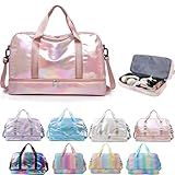 Holographic Shimmering Gym Duffle Bag with Shoes Compartment & Wet Pocket, Women Weekend Overnight Travel Bag Gymnastic Dance Bag for Girl (pink)