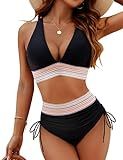 Blooming Jelly Womens High Waisted Bikini Tummy Control Color Block Swimsuits Two Piece Bathing Suit (L, Black)