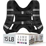 Zeerun Weighted Vest, 6lb/8lb/10lb/12lb/15lb/18lb/20lb/24lb/30lb for Men Women, Reflective Stripe Adjustable Buckle, Comfortable Durable Rucking Vest for Walking Running Strength Training, 15LBS-Black